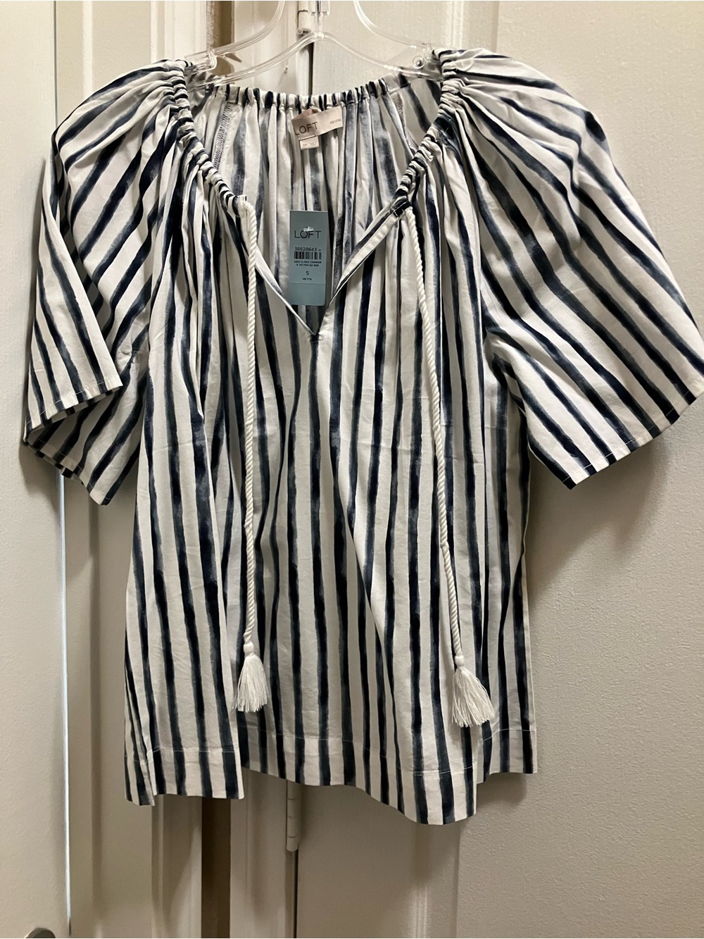 LOFT Navy and White Striped Peasant Blouse with Tassel Ties
